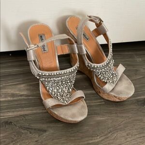 Beige Wedge Sandals with Rhinestone Detailing